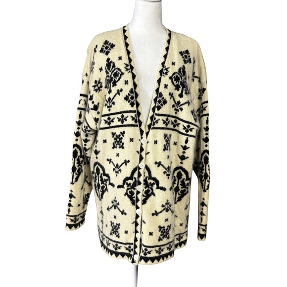 Vintage Express Tricot Cardigan Sweater Womens Medium Ivory Black Angora 90s - Picture 1 of 16